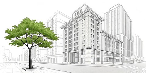 Cityscape Illustration Green Tree in Urban Sketch, Architecture , Design