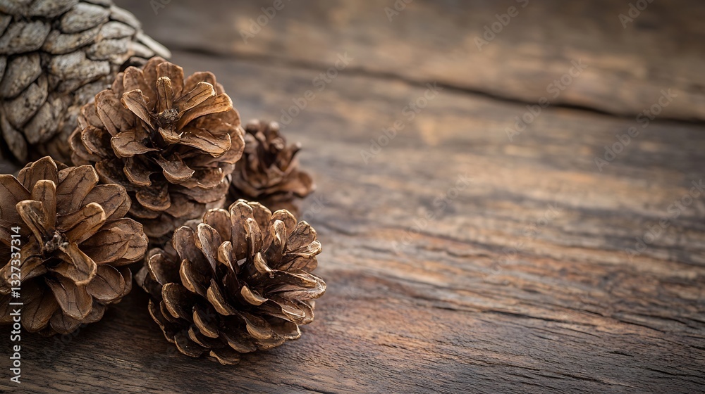 Poster natural pine cones on a rustic wooden table surrounded by earthy textures : generative ai