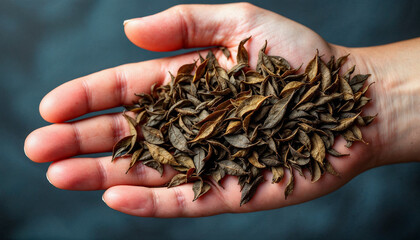 Tea leaves on palm hand background. Tea leaves wallpaper