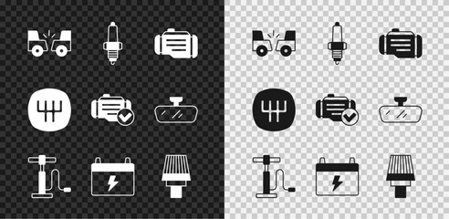 Set Car accident, spark plug, Check engine, air pump, battery, filter, Gear shifter and icon. Vector