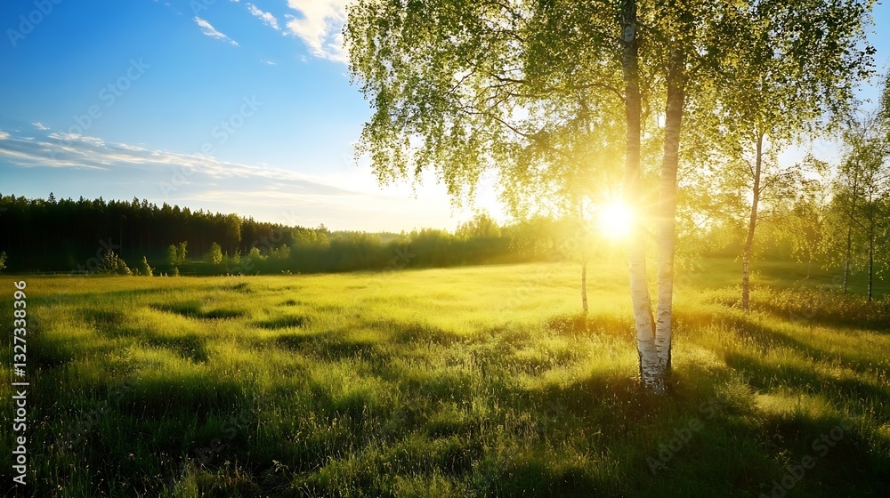 Poster sunlight filters through trees in a lush green field creating a peaceful serene natural scene : gene
