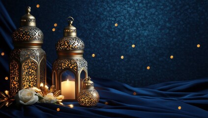 Eid al-Fitr background with glowing lanterns and elegant calligraphy in front of navy blue satin fabric, with writing space