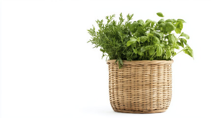 Naklejka premium vintage basket filled with fresh herbs like basil and parsley, adding touch of nature to any space