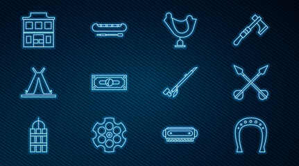 Set line Horseshoe, Crossed arrows, Wild west saddle, Stacks paper money cash, Indian teepee wigwam, saloon, Native American indian smoking pipe and Kayak canoe and paddle icon. Vector