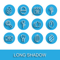 Set line Greeting card with Happy Easter, Balloons ribbon, egg, Flower tulip, Broken and eggs icon. Vector