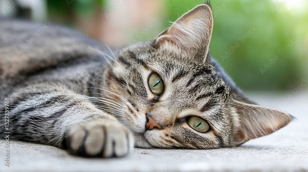 Poster A lazy tabby cat lying comfortably on a sunlit surface exuding calmness and contentment : Generative AI