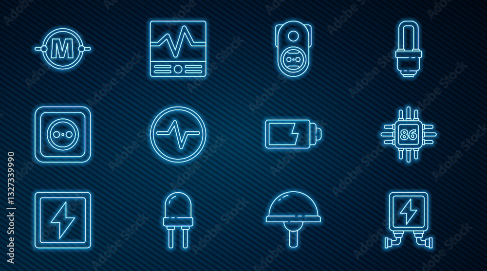 Poster set line electric transformer, processor with microcircuits cpu, electrical outlet, scheme, battery 