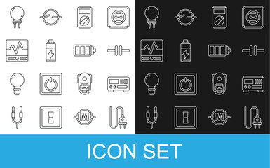 Set line Electric plug, Electrical measuring instruments, circuit scheme, Multimeter, Battery, Light emitting diode and charge level indicator icon. Vector