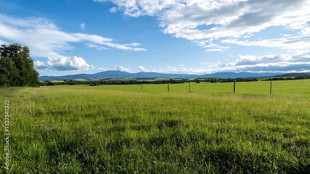 Poster Expansive Green Fields Under a Clear Blue Sky with Soft Clouds Creating a Beautiful Natural Landscape Scene : Generative AI