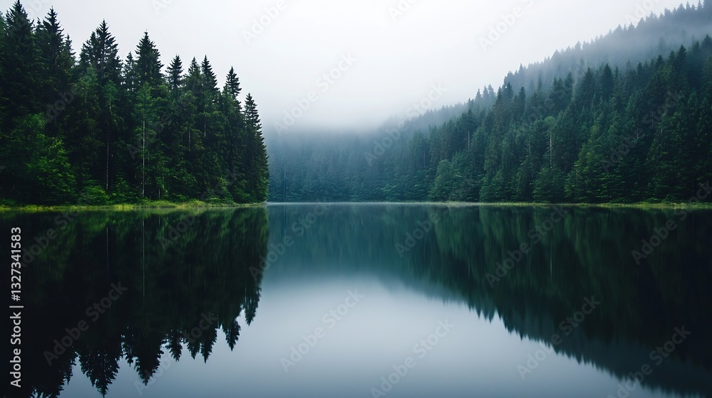 Poster misty forest landscape with trees and still water reflection on lake : generative ai
