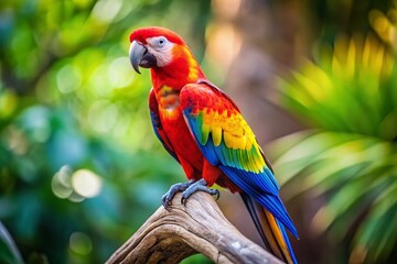 Obraz premium Vibrant Parrot on Branch: Colorful Bird in Natural Habitat Stock Photo