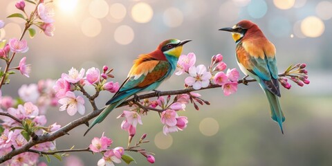 Bee-eaters on Cherry Blossom A Spring Meeting, birds , blossom