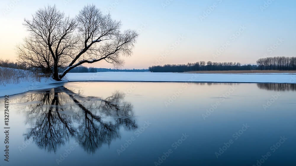 Poster tranquil winter scenery featuring a lone tree reflecting in calm waters during a pastel sunset : gen