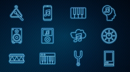 Set line Voice assistant, Dial knob level technology settings, Music synthesizer, player, Stereo speaker, Triangle musical instrument, streaming service and icon. Vector