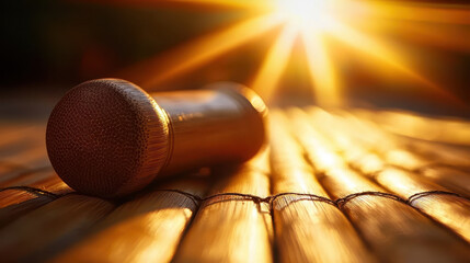 Obraz premium Mindfulness and relaxation therapy, wooden massage roller resting on bamboo mat, illuminated by sunlight