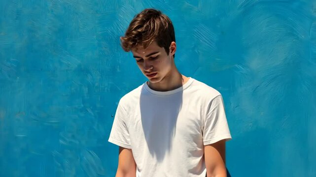 Realistic Painting of Teenager with OCD Standing Against Blue Wall, Reflective Mood, Contemporary Art, Emotional Depth, Mental Health Awareness