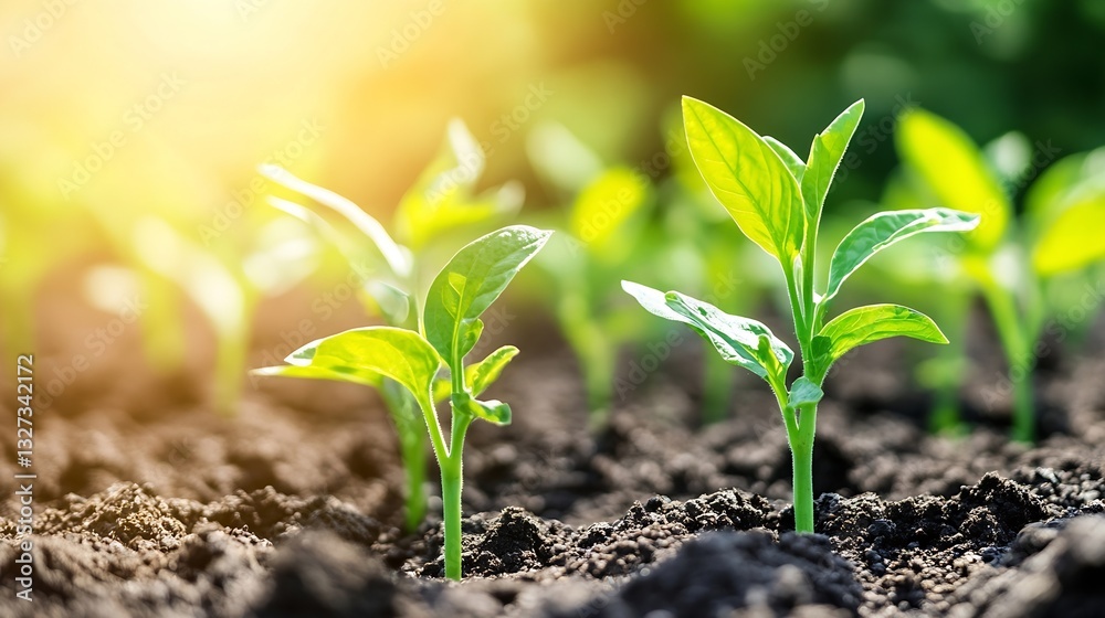 Poster vibrant green seedlings emerging from rich soil illuminated by soft warm sunlight : generative ai