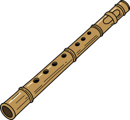 Traditional wooden flute depicted in a detailed flat style showcasing intricate designs and natural colors in vector art