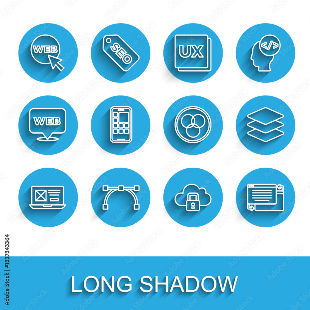 Poster set line ui or ux design, bezier curve, web and graphic, cloud computing lock, mobile apps, layers a