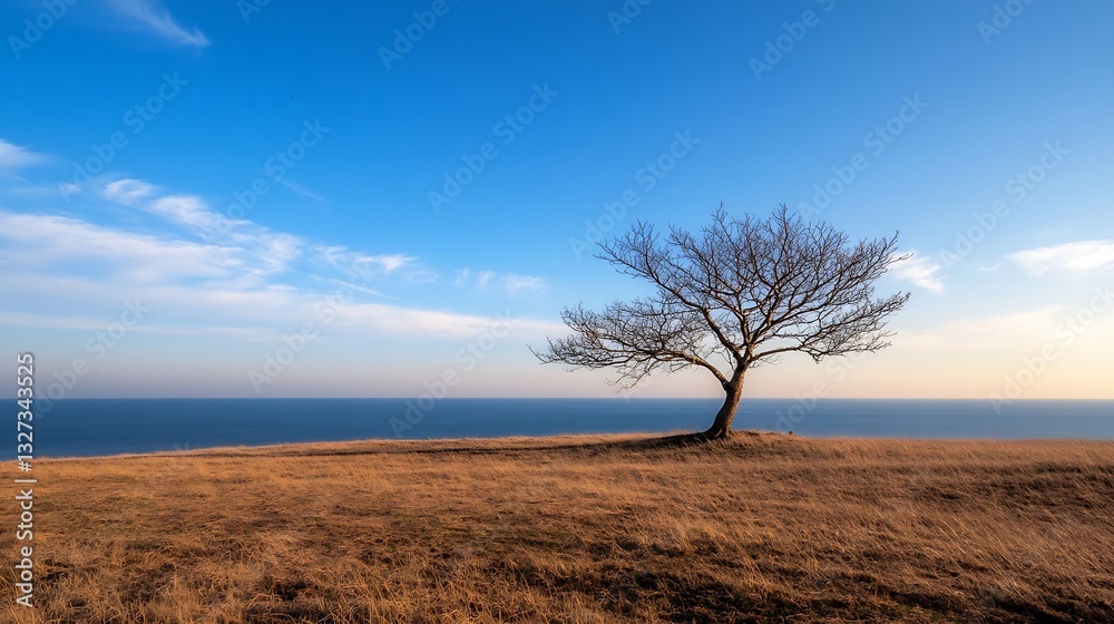 Aufkleber solitary tree on a hillside overlooking the ocean creating a calm and peaceful landscape scene : gen