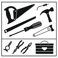 Black Silhouette Tools Collection – Drill, Screwdriver, Wrench, Paint Roller, Saw, Pliers, Hammer Icons