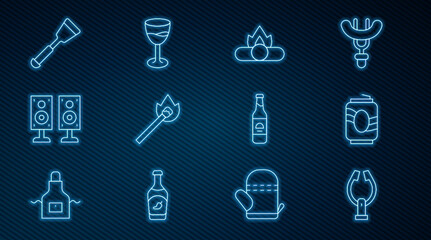 Set line Meat tongs, Soda can, Campfire, Burning match with, Stereo speaker, Spatula, Beer bottle and Wine glass icon. Vector