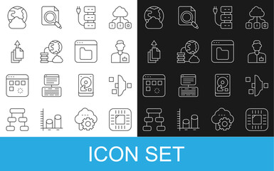 Set line Processor with CPU, Filter setting, Analyst engineer, Server, Network cloud connection, Data export, Social network and Browser files icon. Vector