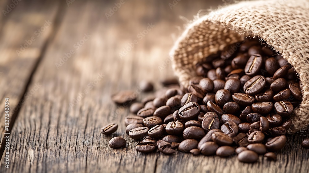 Poster freshly roasted coffee beans spilling out of a burlap sack on rustic wooden table in warm tones : ge