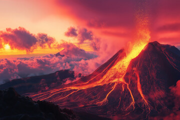 Fototapeta premium Dramatic view of a volcanic eruption at dawn, with ash clouds catching the soft pink and orange hues of the early morning light.