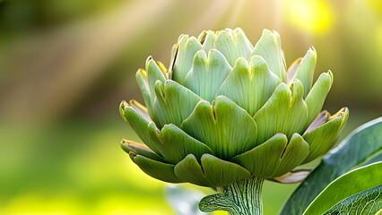 Fototapeta premium A close-up of an artichoke plant, highlighting its layered green leaves with a glowing background. Concept Artichoke Plant Close-Up, Layered Green Leaves, Botanical Photography, Nature's Textures
