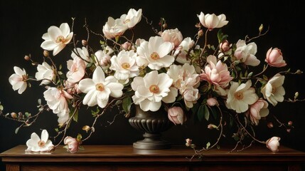 Exquisite magnolia floral arrangement in dark vase