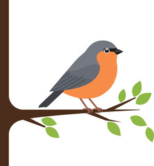 A vibrant bird perched on a branch with green leaves in a flat design style showcasing lively colors and natures beauty in vector art