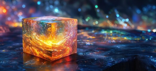 Glowing cosmic cube with vibrant colors and sparkling effects in a mystical environment