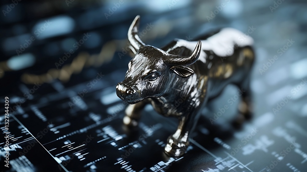Aufkleber shiny metallic bull figurine on a stock market chart background representing financial growth : gene