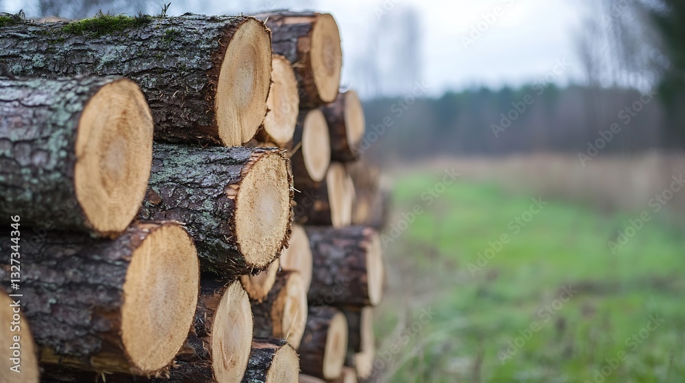 Aufkleber Stacked logs in a serene natural setting showcasing timber resources awaiting processing in a tranquil forest : Generative AI