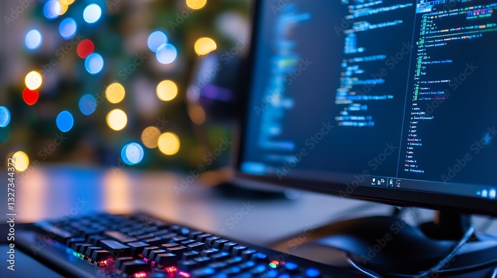 Poster Closeup of a computer screen displaying code with colorful bokeh lights in the background : Generative AI