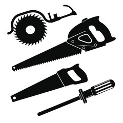 Black Silhouette Tools Collection – Drill, Screwdriver, Wrench, Paint Roller, Saw, Pliers, Hammer Icons