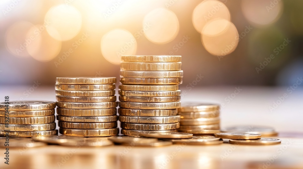 Poster stacks of golden coins shining in sunlight representing wealth and financial success : generative ai