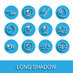 Set line Billiard ball, Location with bowling, Pool table brush, Bowling, and billiard icon. Vector