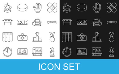 Set line Award cup, Medal, Human broken bone, Hockey glove, sports ticket, table, Skates and Sport bag icon. Vector