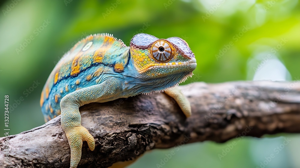 Poster colorful chameleon perched on a branch observing its surroundings blending into the lush greenery of