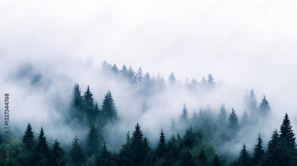 Poster Misty forest landscape with towering pine trees enveloped in fog creating a mysterious and tranquil atmosphere : Generative AI