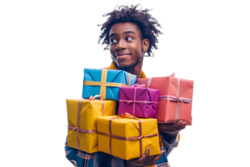 Cheerful person holding colorful gifts with a happy smile