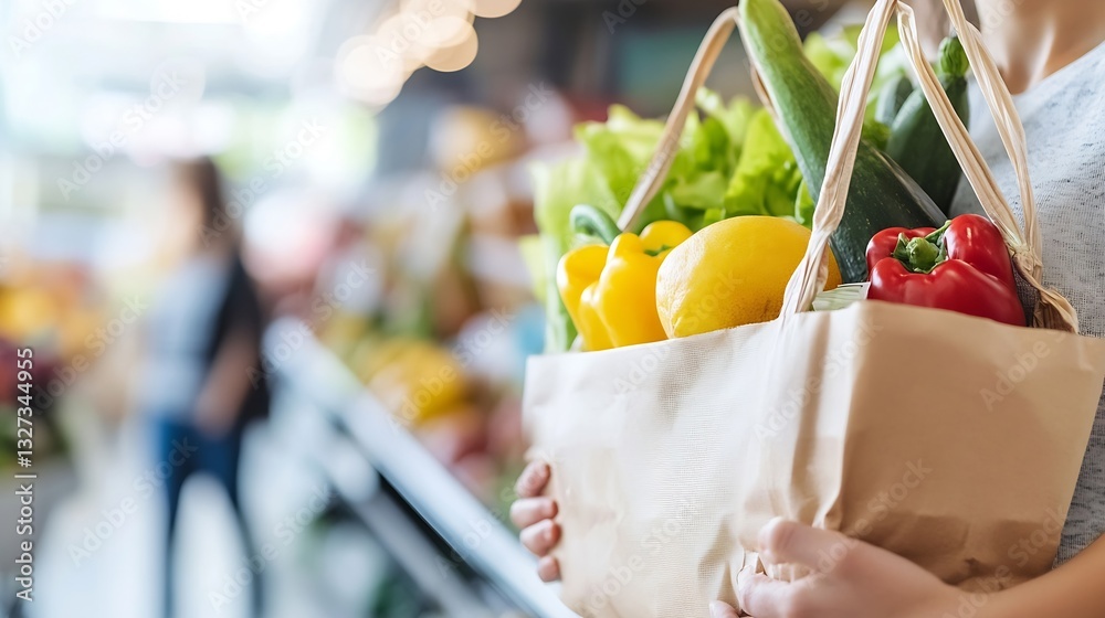 Poster grocery shopping with fresh vegetables and fruits in a reusable bag held by a person in a market : g