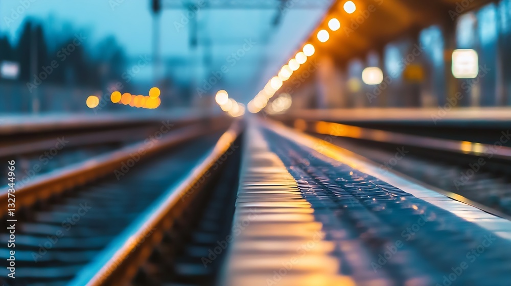 Aufkleber captivating shot of blurred train tracks leading to a welllit platform at dusk highlighting the ench