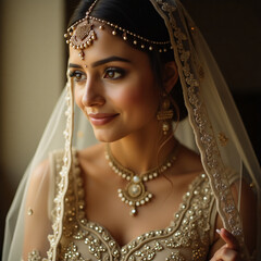 Mysterious bride in beaded attire lifts veil to reveal subtle smile amid blurred warm-toned elegance, generative ai