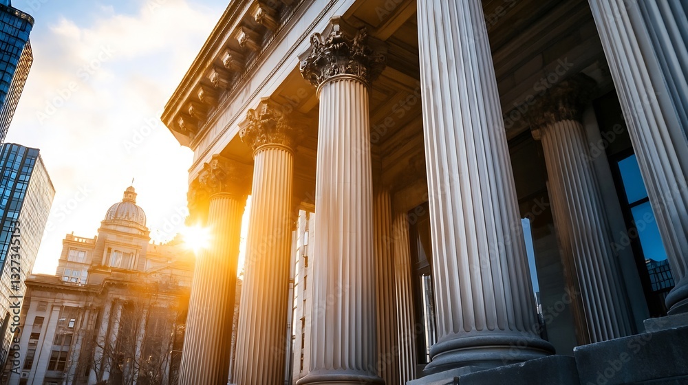 Poster majestic view of historic columns illuminated by sunset at a grand building showcasing architectural