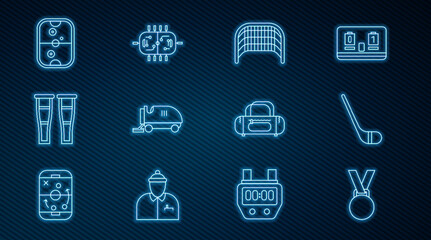 Set line Medal, Ice hockey stick, goal, resurfacer, Crutch or crutches, Air table, Sport bag and Hockey icon. Vector