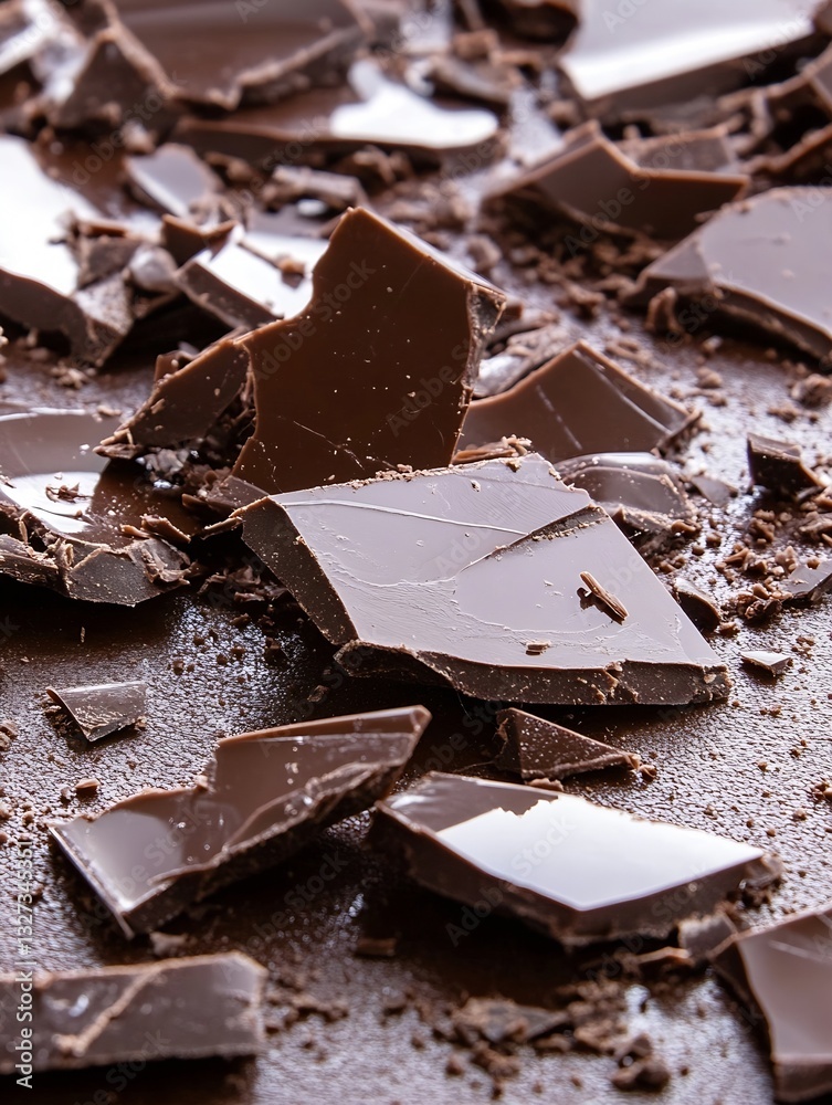Poster closeup view of broken dark chocolate pieces on a brown surface scattered tantalizingly : generative