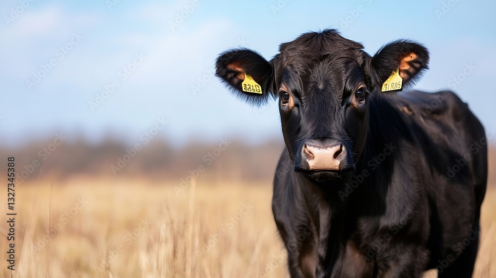 Poster curious black calf posing in a sunny field with open pastures and clear blue skies : generative ai